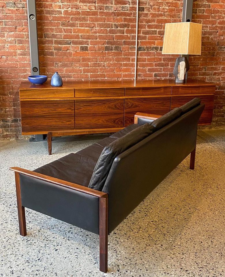 1960s Danish Rosewood and Black Leather Sofa by Hans Olsen