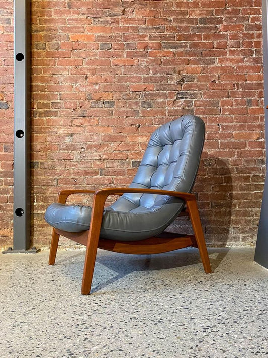 1960s Mid Century “Scoop” Teak and Leather Lounge Chair by R Huber