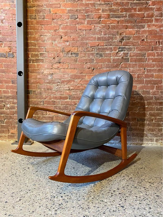 1960s Mid Century “Scoop” Teak and Leather Rocking Chair by R Huber