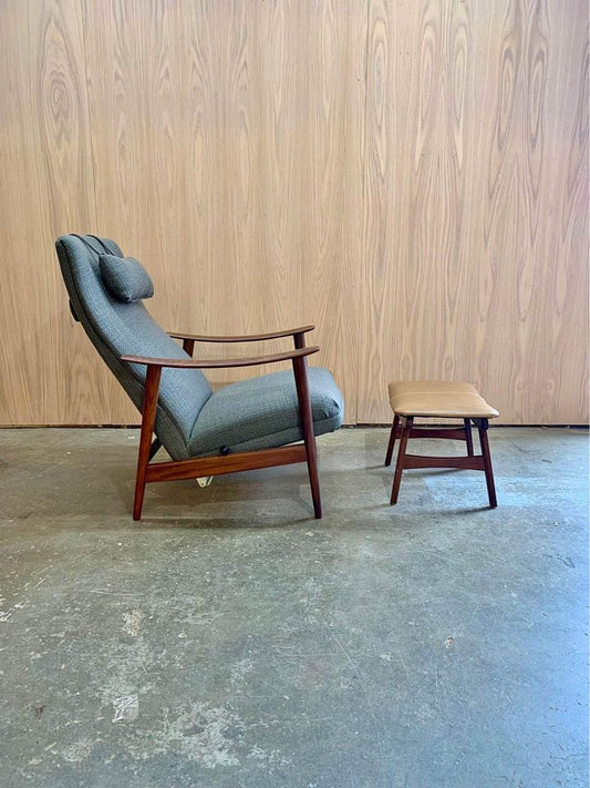 1960s Norwegian African Teak Reclining Lounge Chair and Ottoman