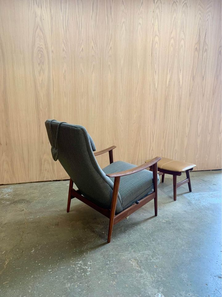 1960s Norwegian African Teak Reclining Lounge Chair and Ottoman