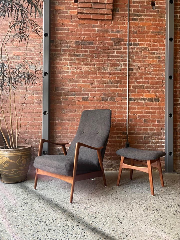 1960s Norwegian Afromosia Teak Reclining Lounge Chair and Ottoman