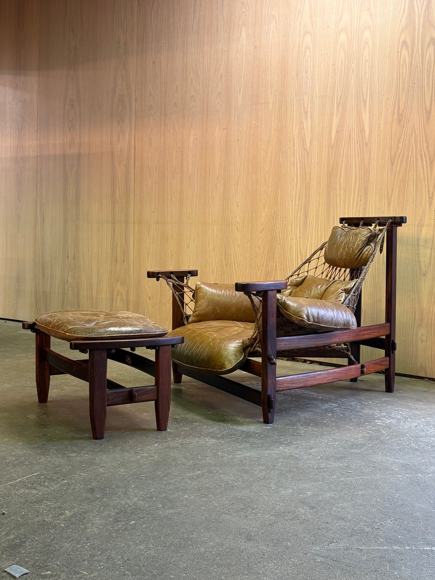 1960s Brazilian Rosewood and Leather Jangada Chair and Ottoman by Jean Gillon