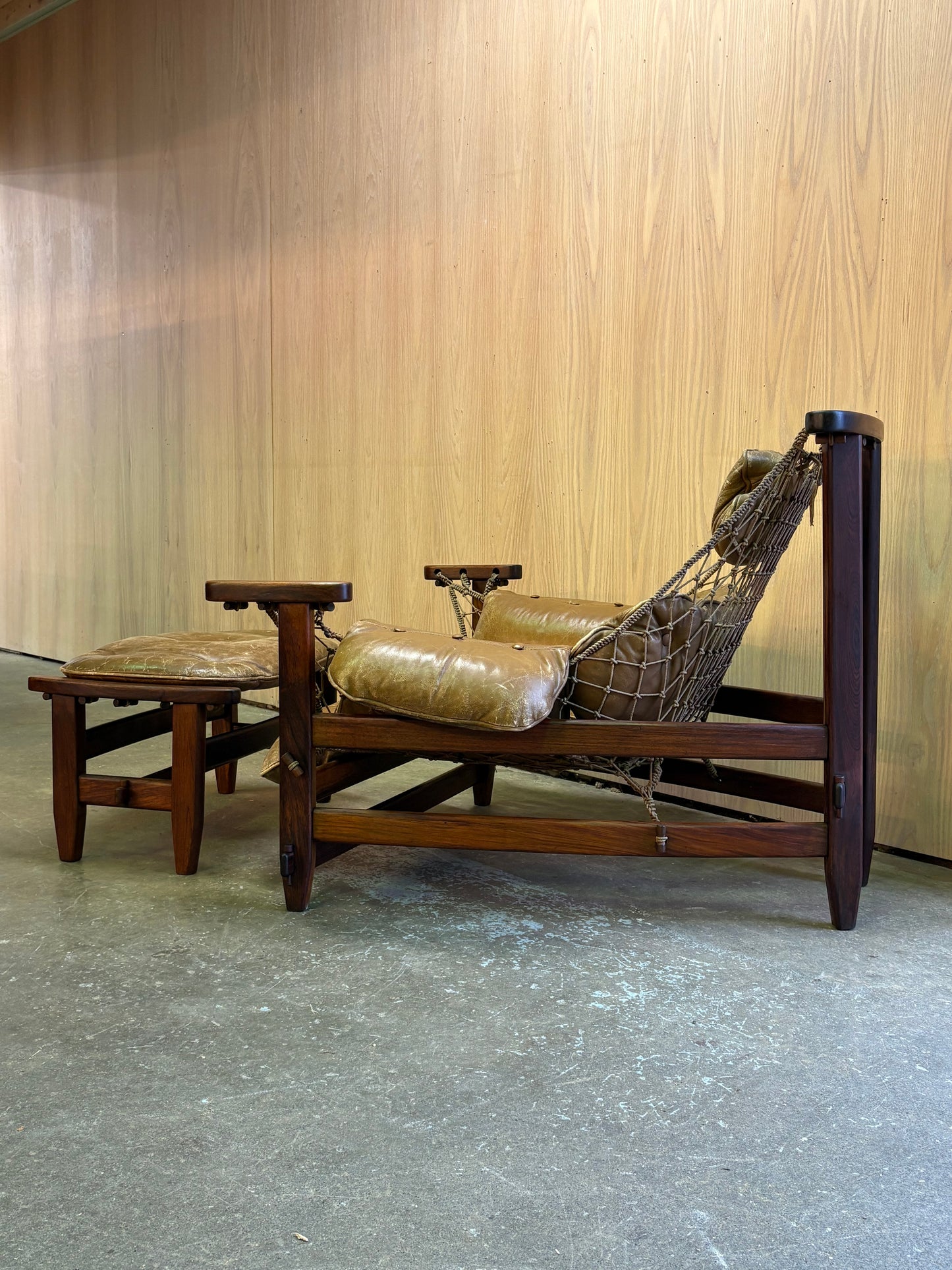 1960s Brazilian Rosewood and Leather Jangada Chair and Ottoman by Jean Gillon