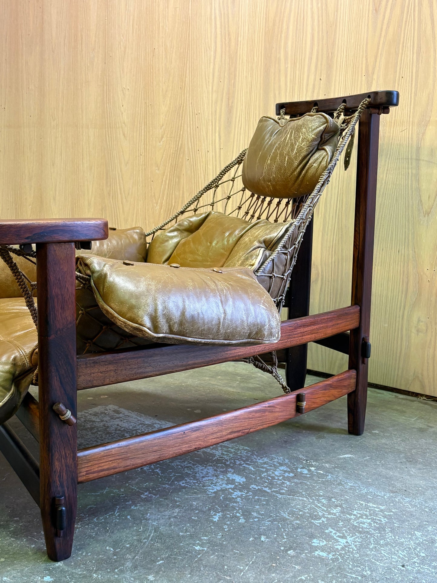 1960s Brazilian Rosewood and Leather Jangada Chair and Ottoman by Jean Gillon