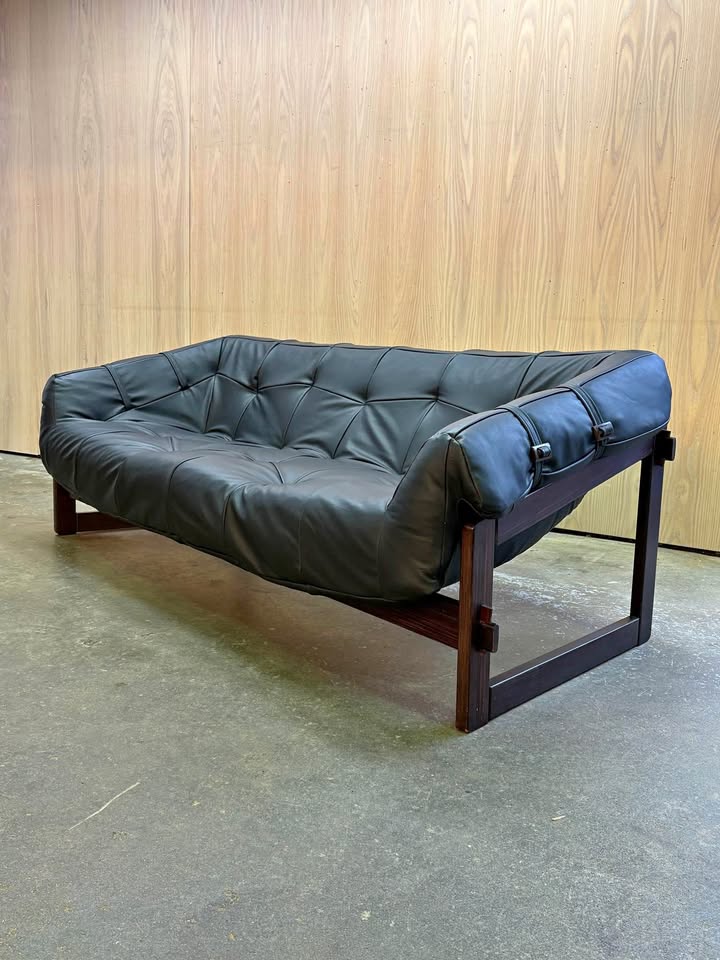1960s Brazilian Wood and Leather MP91 Sofa by Percival Lafer