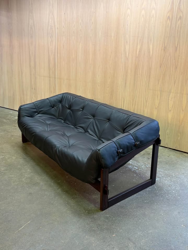 1960s Brazilian Wood and Leather MP91 Sofa by Percival Lafer
