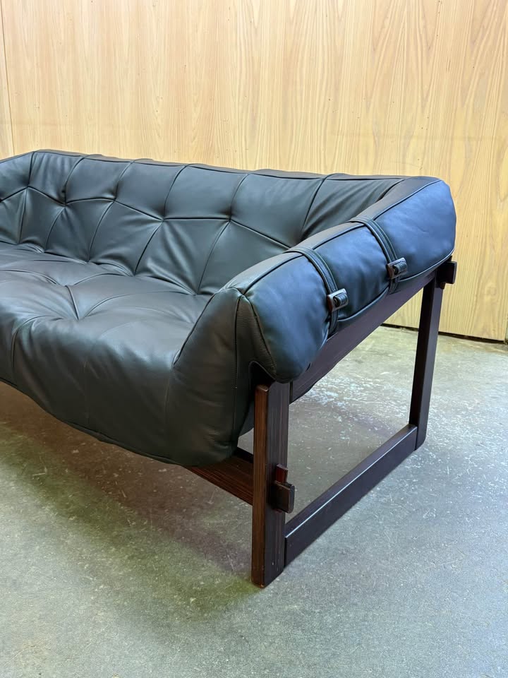 1960s Brazilian Wood and Leather MP91 Sofa by Percival Lafer