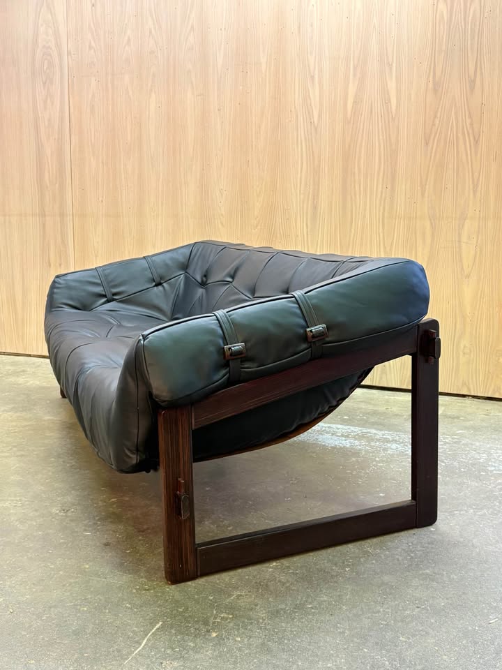 1960s Brazilian Wood and Leather MP91 Sofa by Percival Lafer