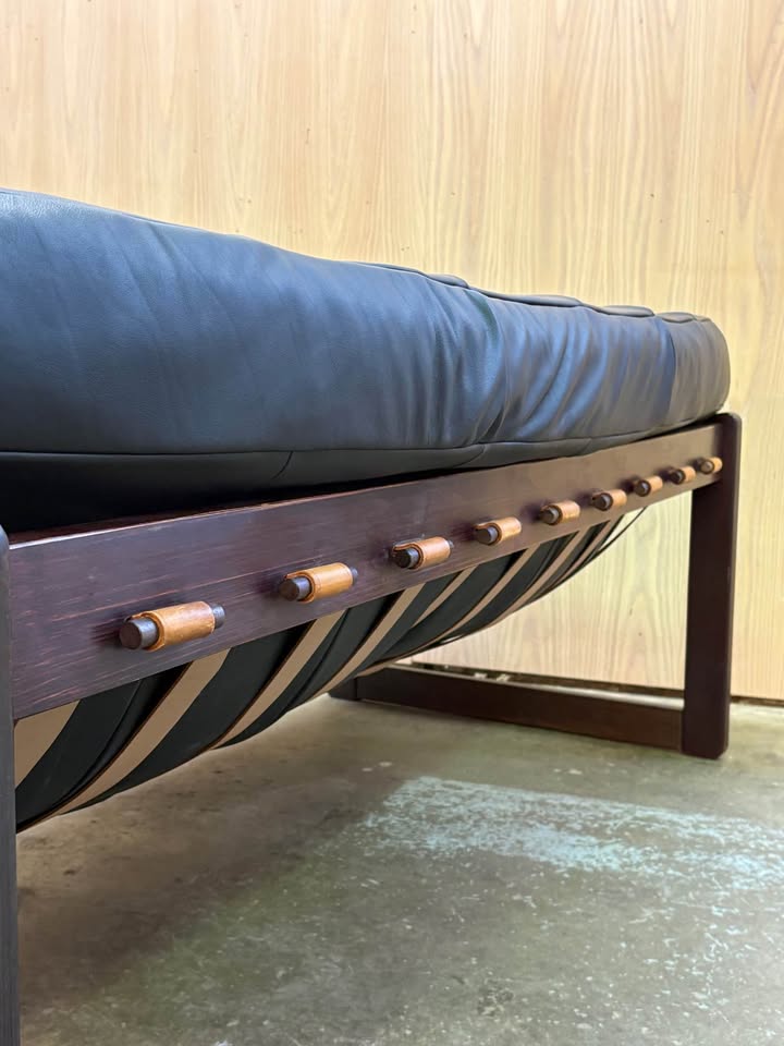1960s Brazilian Wood and Leather MP91 Sofa by Percival Lafer