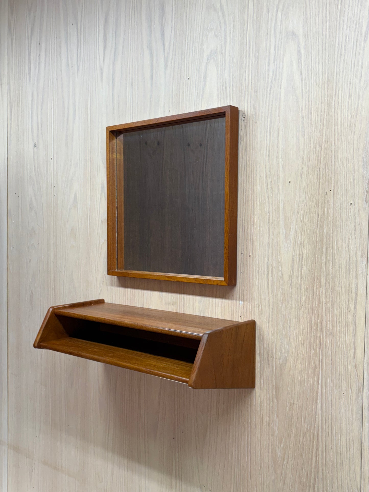 1960s Danish Teak Floating Shelf & Mirror by Aksel Kjersgaard