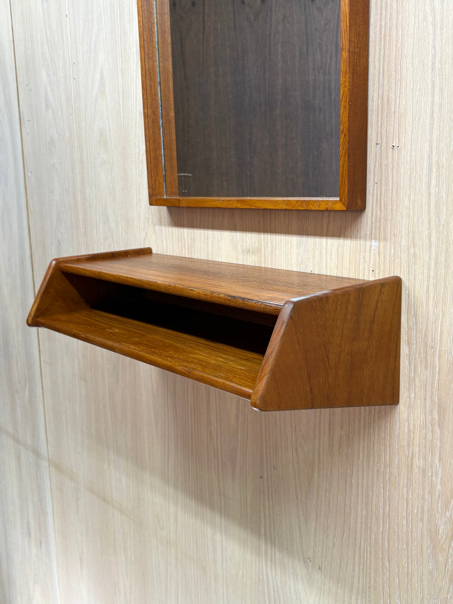 1960s Danish Teak Floating Shelf & Mirror by Aksel Kjersgaard
