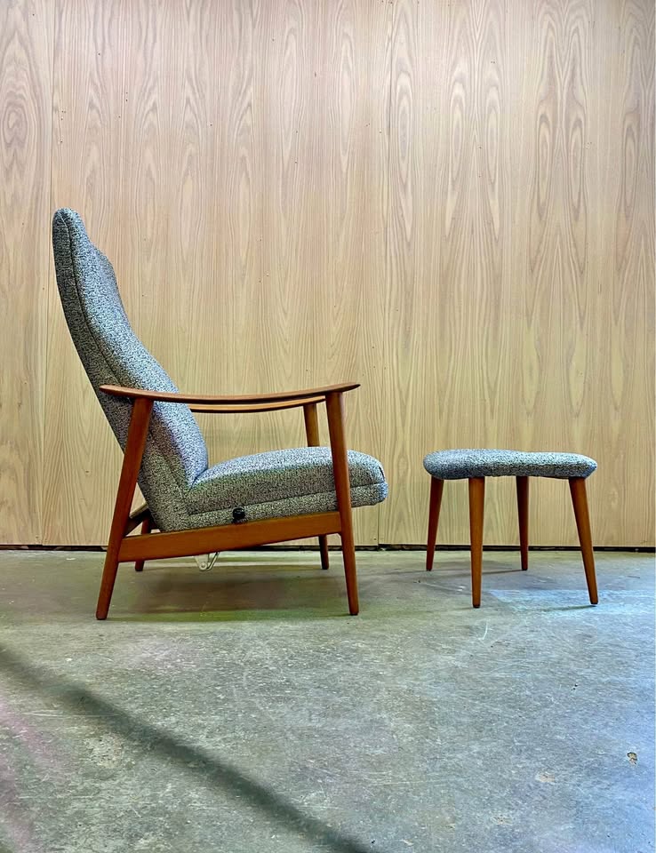 1960s Norwegian Teak Reclining High Back Lounge Chair and Ottoman