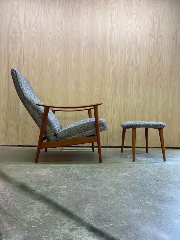 1960s Norwegian Teak Reclining High Back Lounge Chair and Ottoman