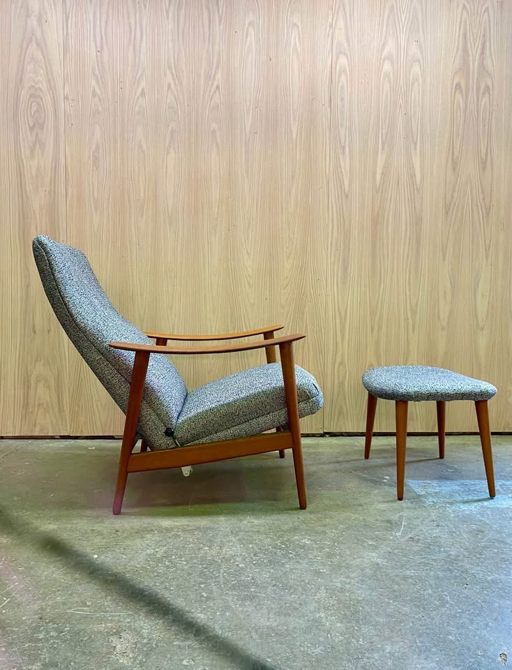 1960s Norwegian Teak Reclining High Back Lounge Chair and Ottoman