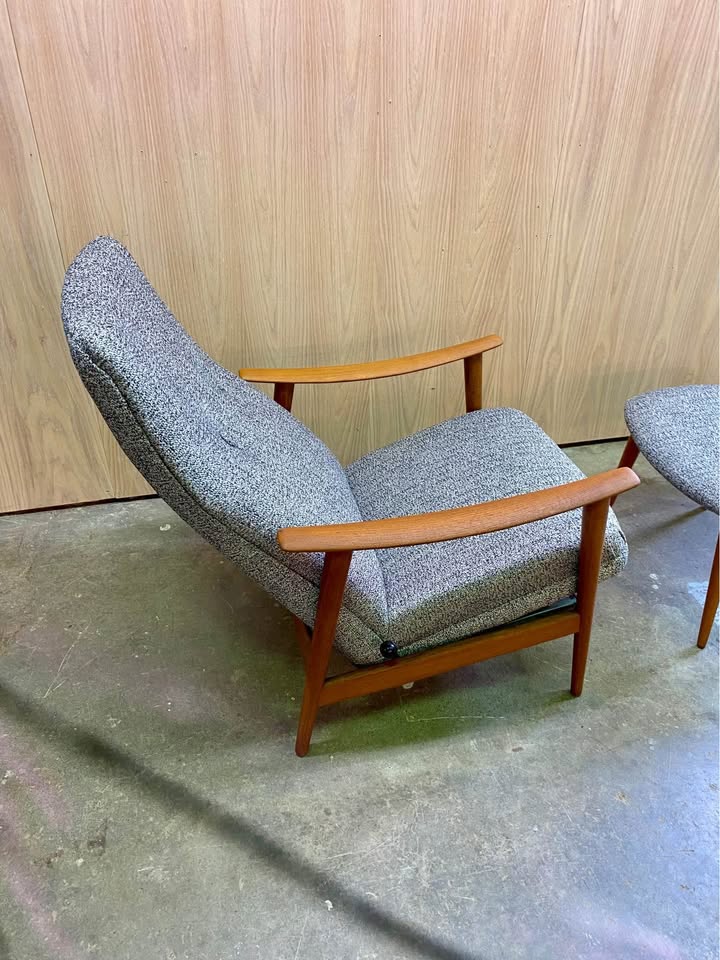 1960s Norwegian Teak Reclining High Back Lounge Chair and Ottoman