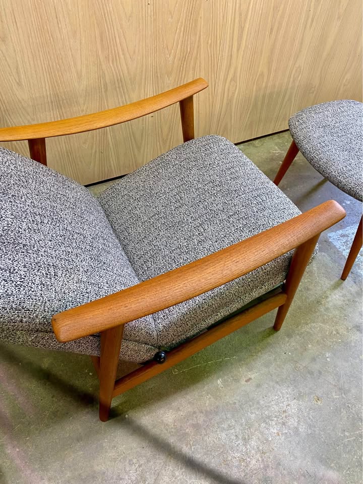 1960s Norwegian Teak Reclining High Back Lounge Chair and Ottoman