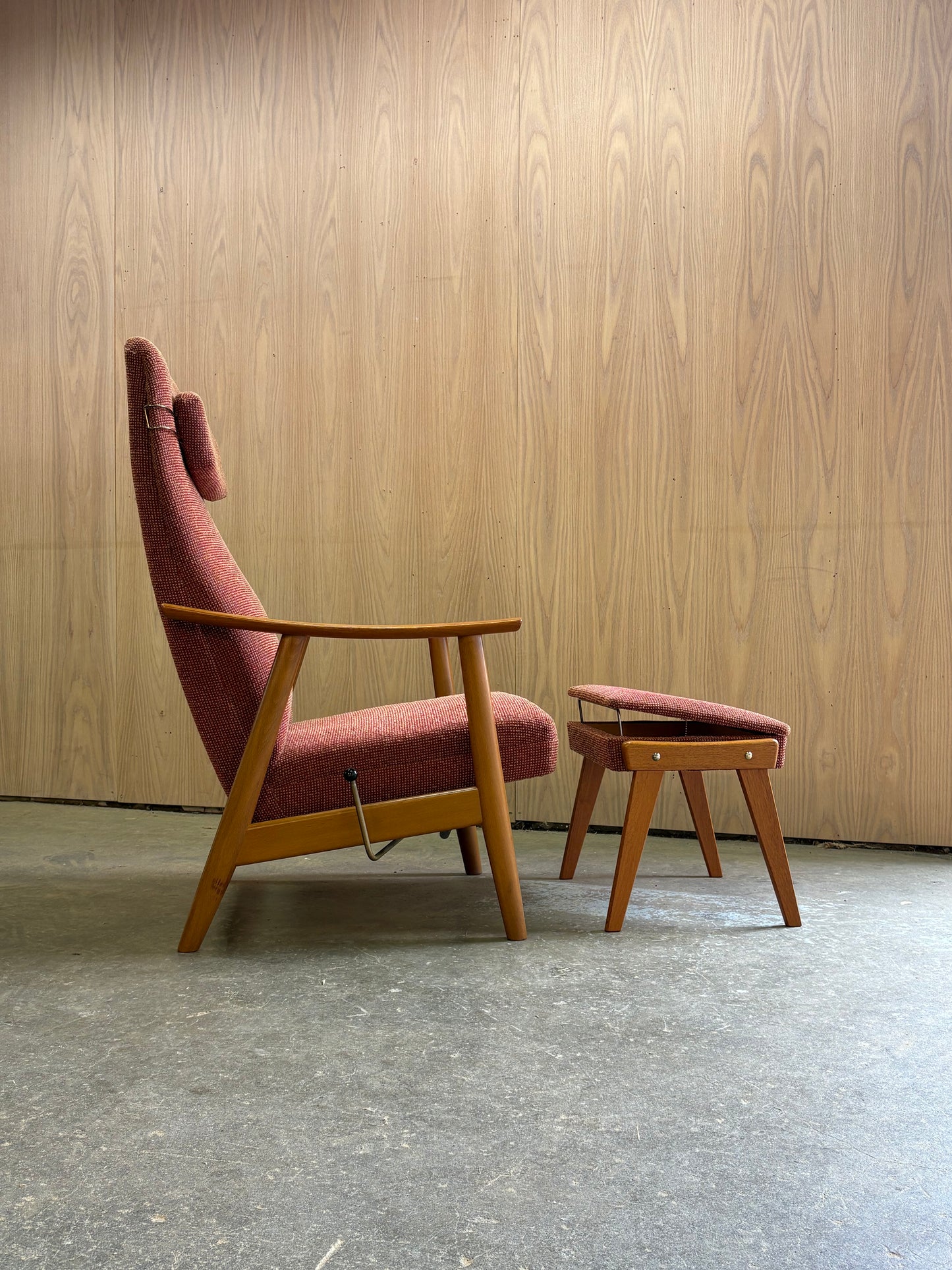 1960s Norwegian Teak and Beech High Back Reclining Chair and Ottoman