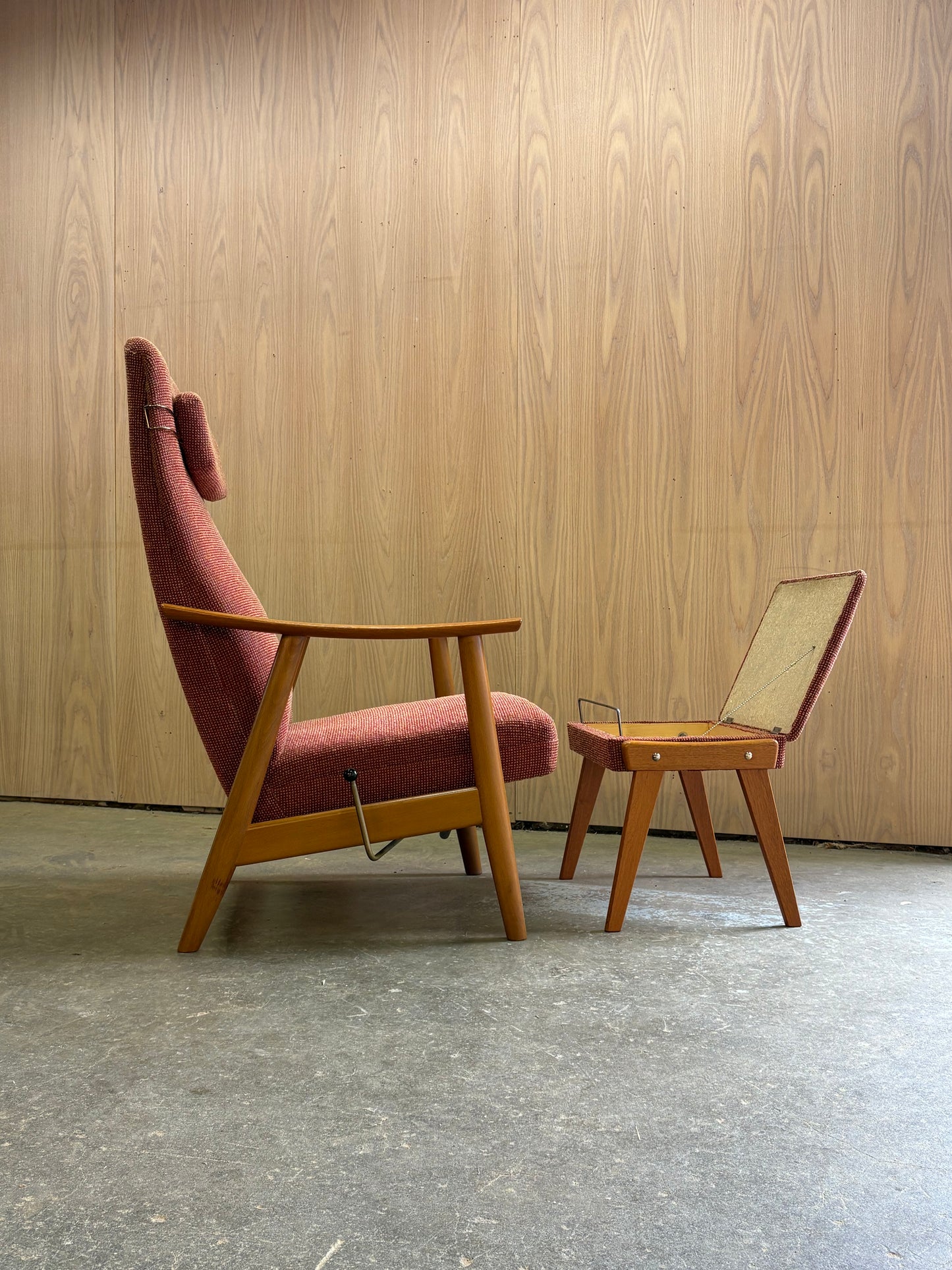1960s Norwegian Teak and Beech High Back Reclining Chair and Ottoman