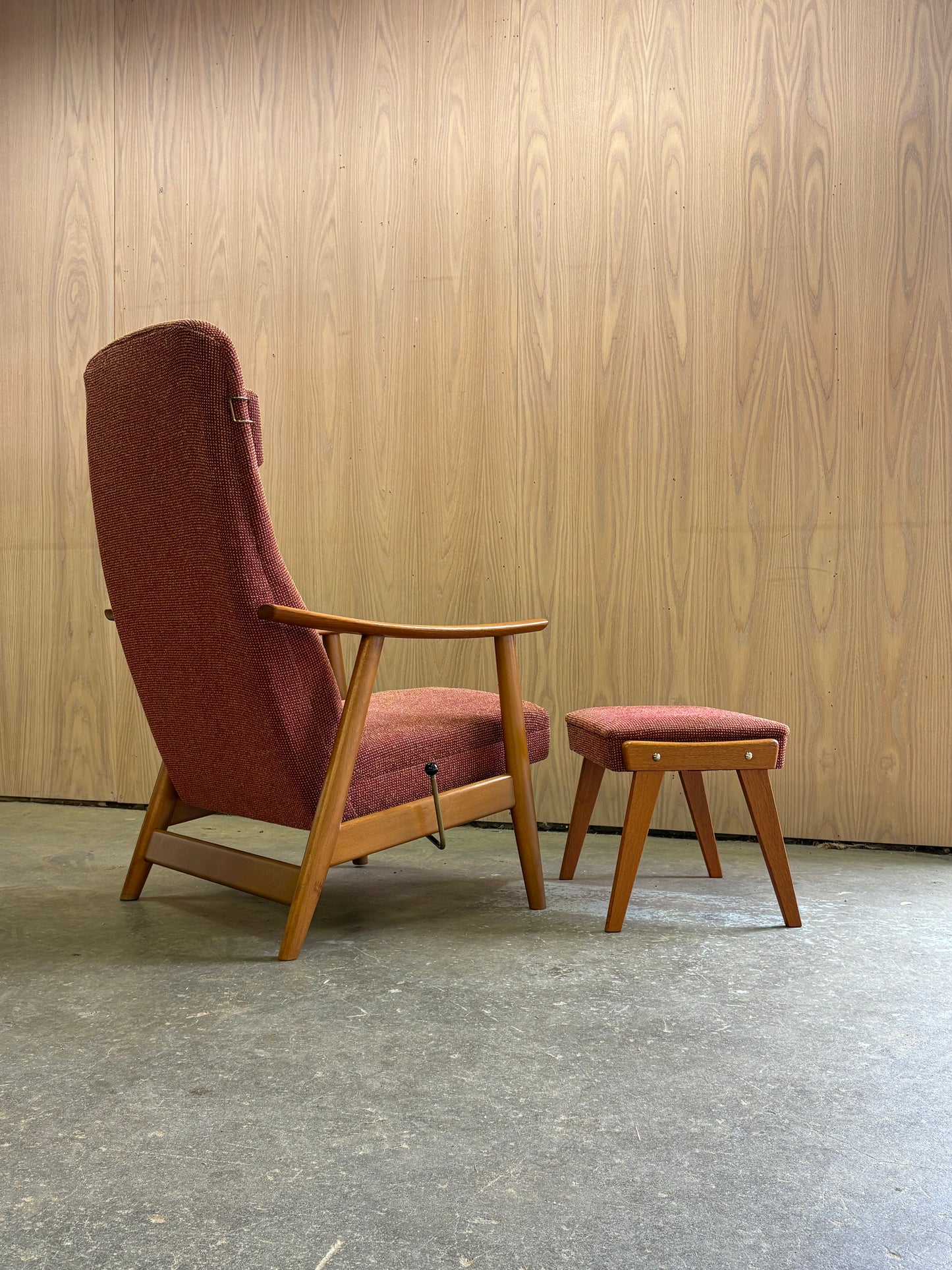 1960s Norwegian Teak and Beech High Back Reclining Chair and Ottoman