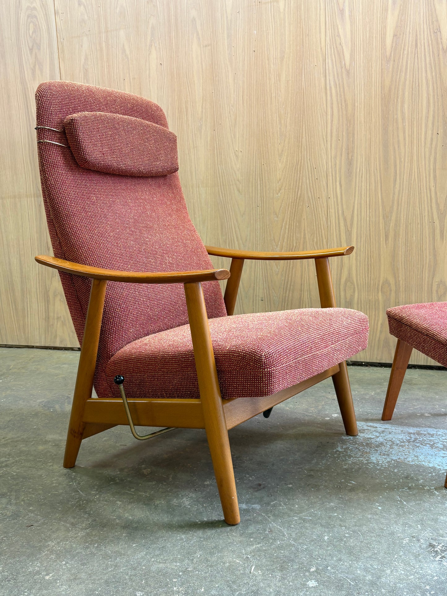 1960s Norwegian Teak and Beech High Back Reclining Chair and Ottoman