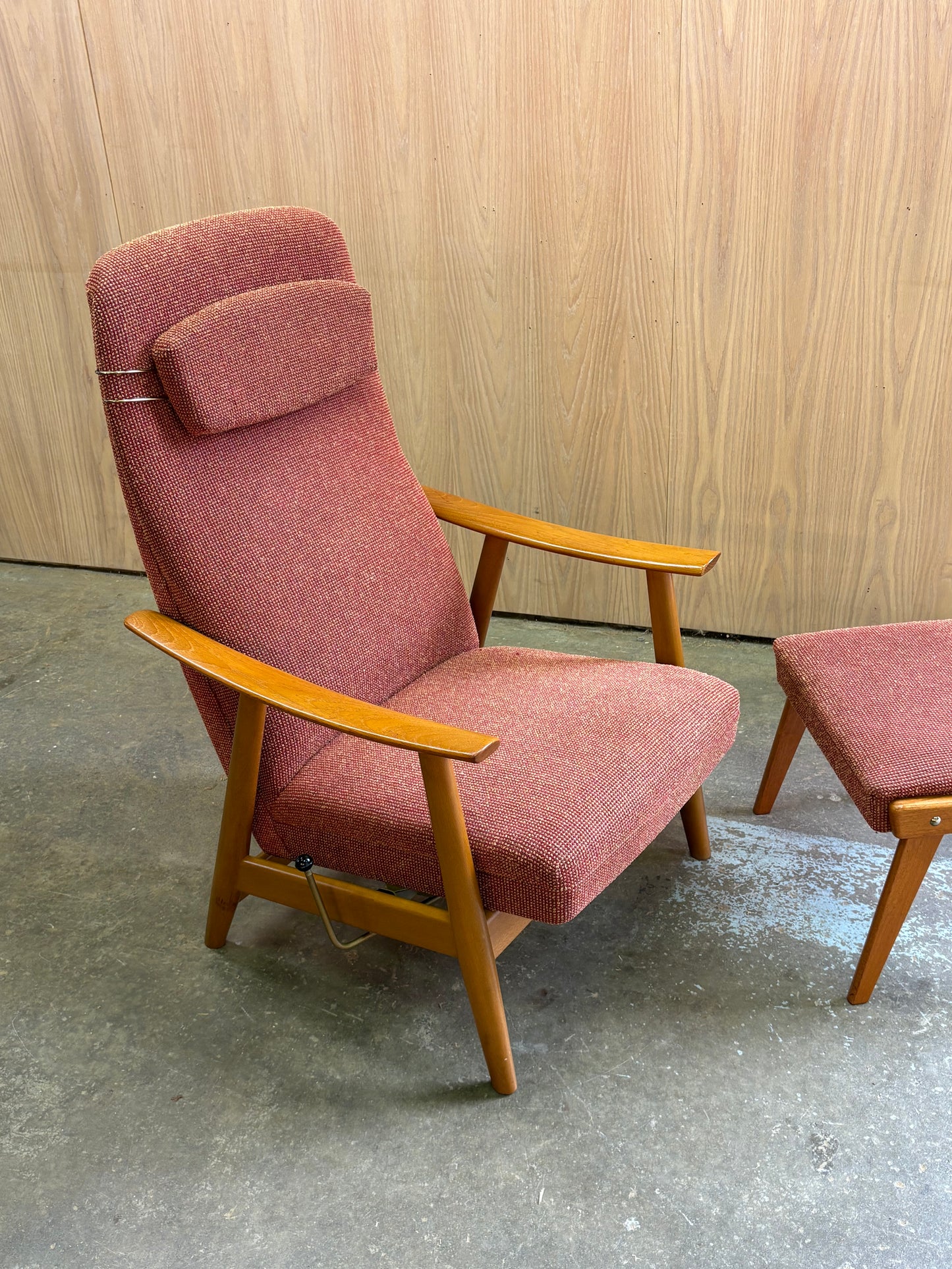 1960s Norwegian Teak and Beech High Back Reclining Chair and Ottoman