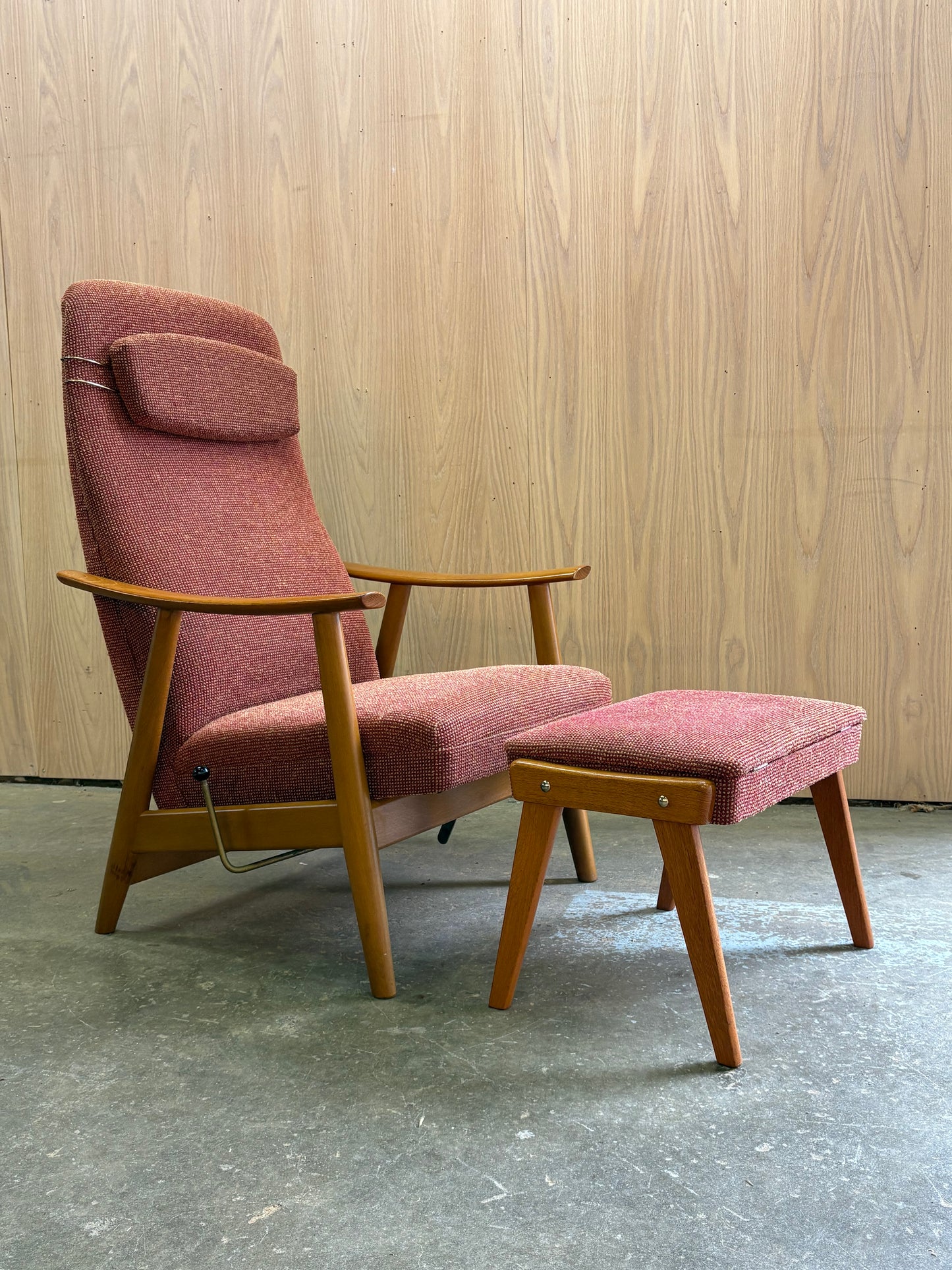 1960s Norwegian Teak and Beech High Back Reclining Chair and Ottoman