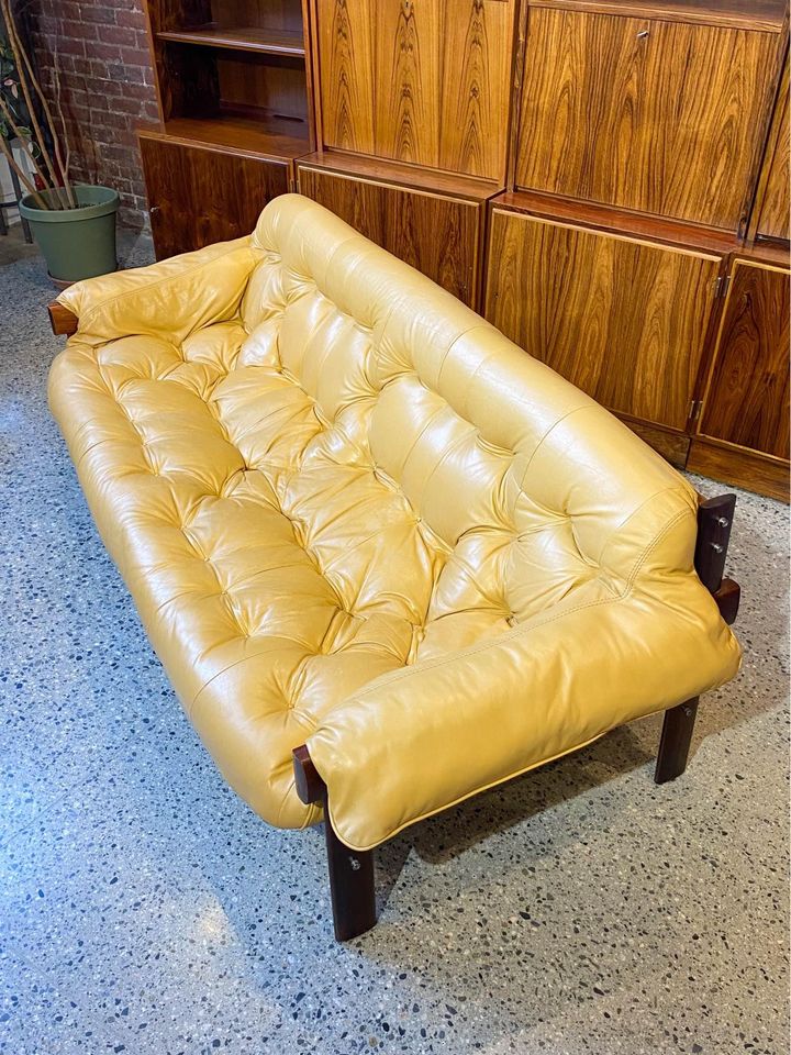 1970s Brazilian Jacaranda Wood and Leather Sofa by Percival Lafer