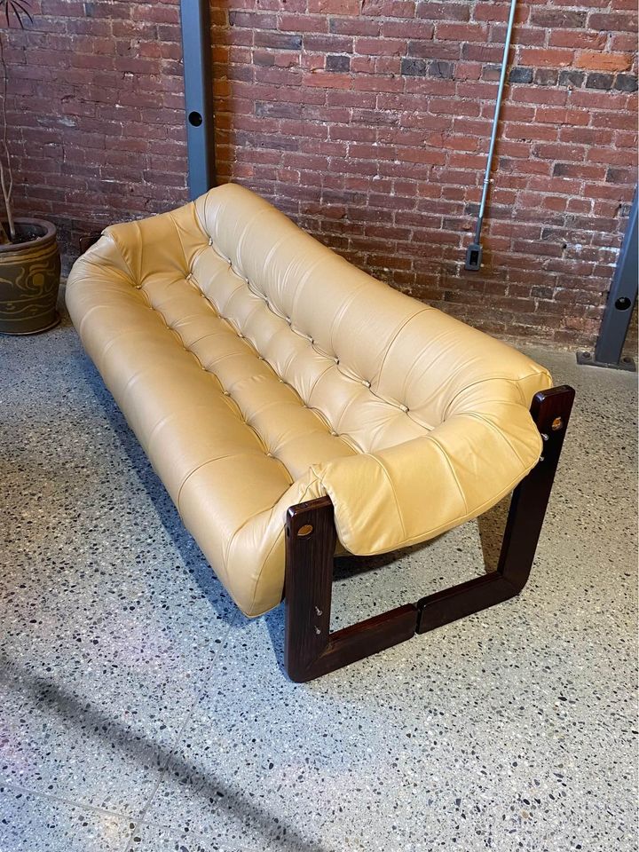 1970s Brazilian MP97 Wood and Leather Sofa by Percival Lafer