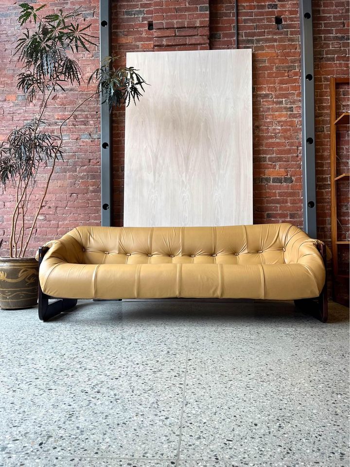 1970s Brazilian MP97 Wood and Leather Sofa by Percival Lafer