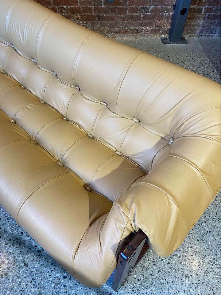 1970s Brazilian MP97 Wood and Leather Sofa by Percival Lafer