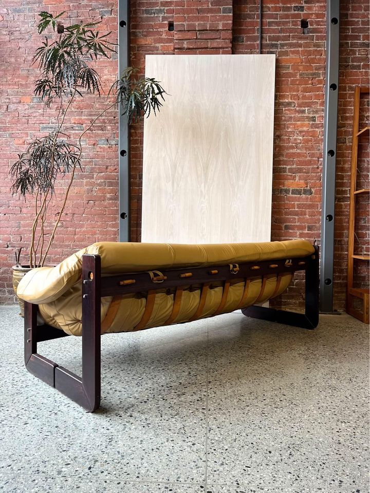 1970s Brazilian MP97 Wood and Leather Sofa by Percival Lafer