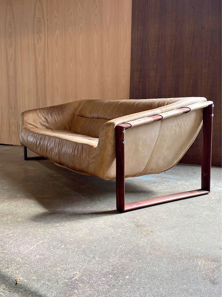 1970s Brazilian Wood and Leather MP127 Sofa by Percival Lafer