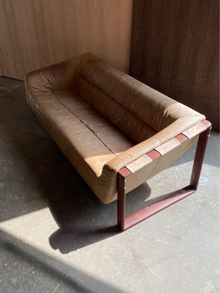 1970s Brazilian Wood and Leather MP127 Sofa by Percival Lafer