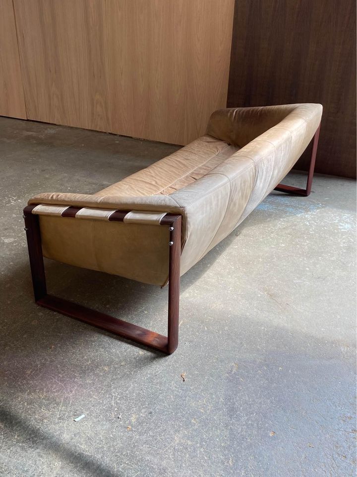 1970s Brazilian Wood and Leather MP127 Sofa by Percival Lafer