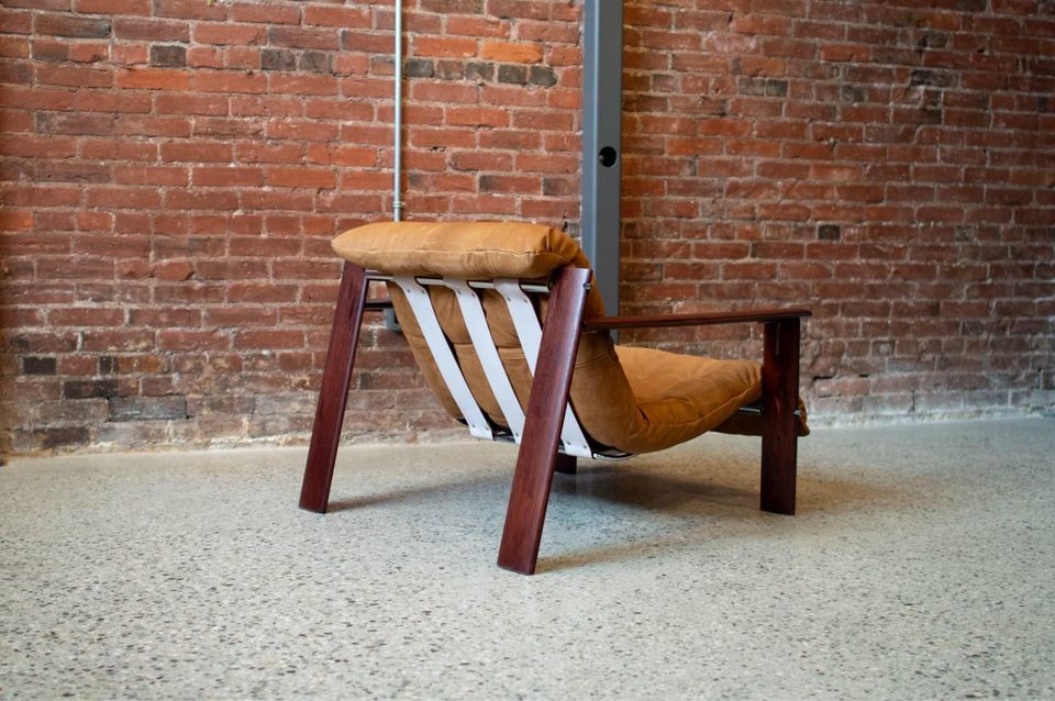 1970s Brazilian Wood and Leather MP129 Chair by Percival Lafer