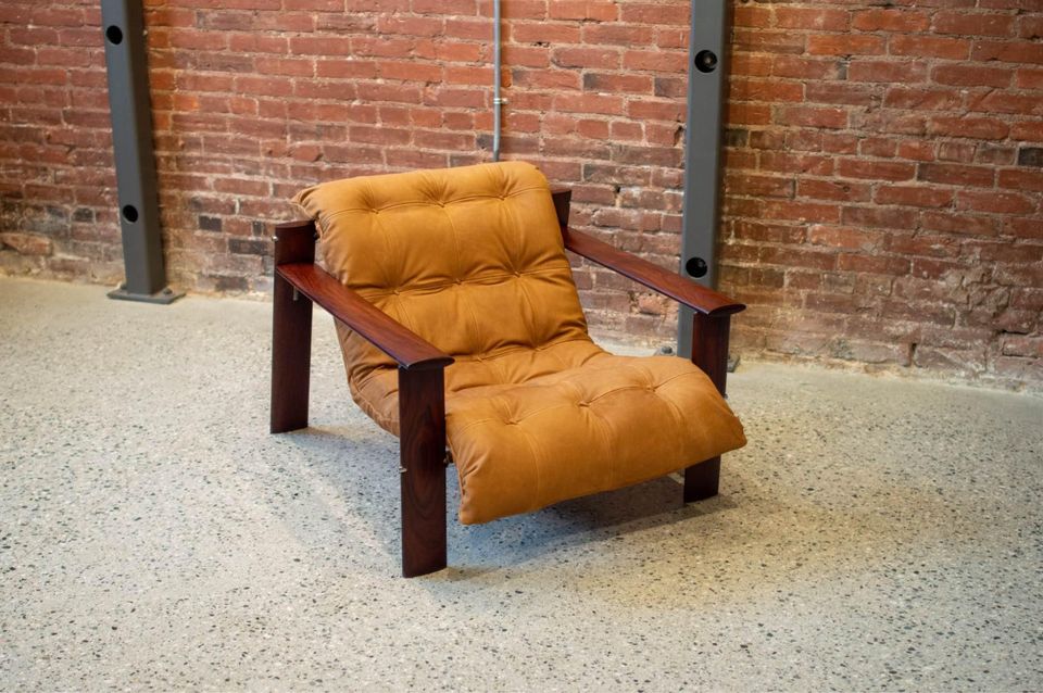 1970s Brazilian Wood and Leather MP129 Chair by Percival Lafer