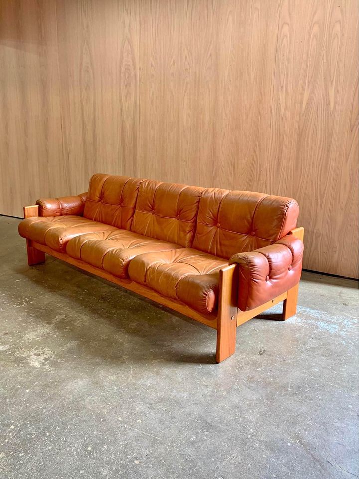 1970s Finnish Leather and Teak Sofa