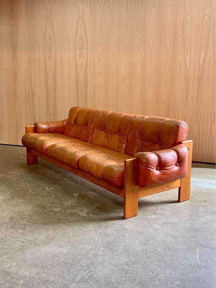 1970s Finnish Leather and Teak Sofa