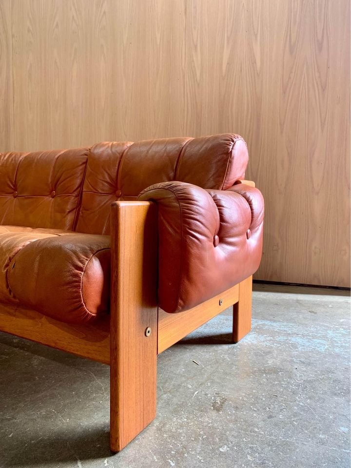 1970s Finnish Leather and Teak Sofa