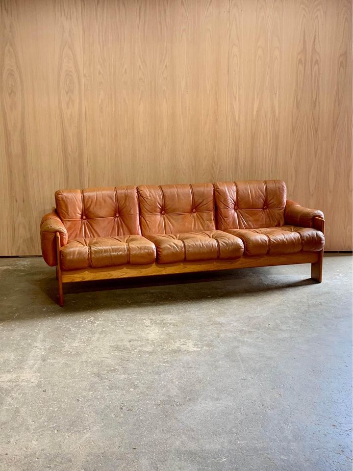 1970s Finnish Leather and Teak Sofa