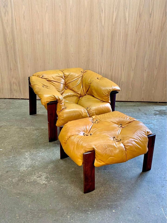 1970s Brazilian Wood and Leather MP131 Chair and Ottoman by Percival Lafer