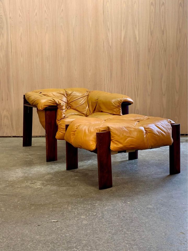 1970s Brazilian Wood and Leather MP131 Chair and Ottoman by Percival Lafer