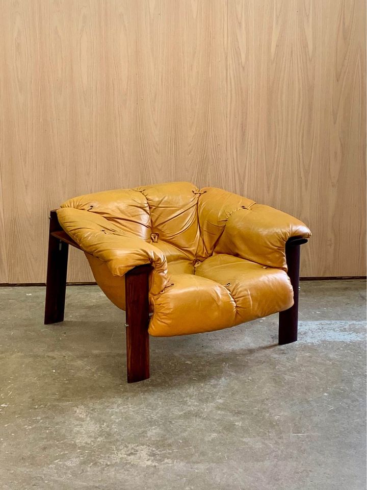 1970s Brazilian Wood and Leather MP131 Chair and Ottoman by Percival Lafer