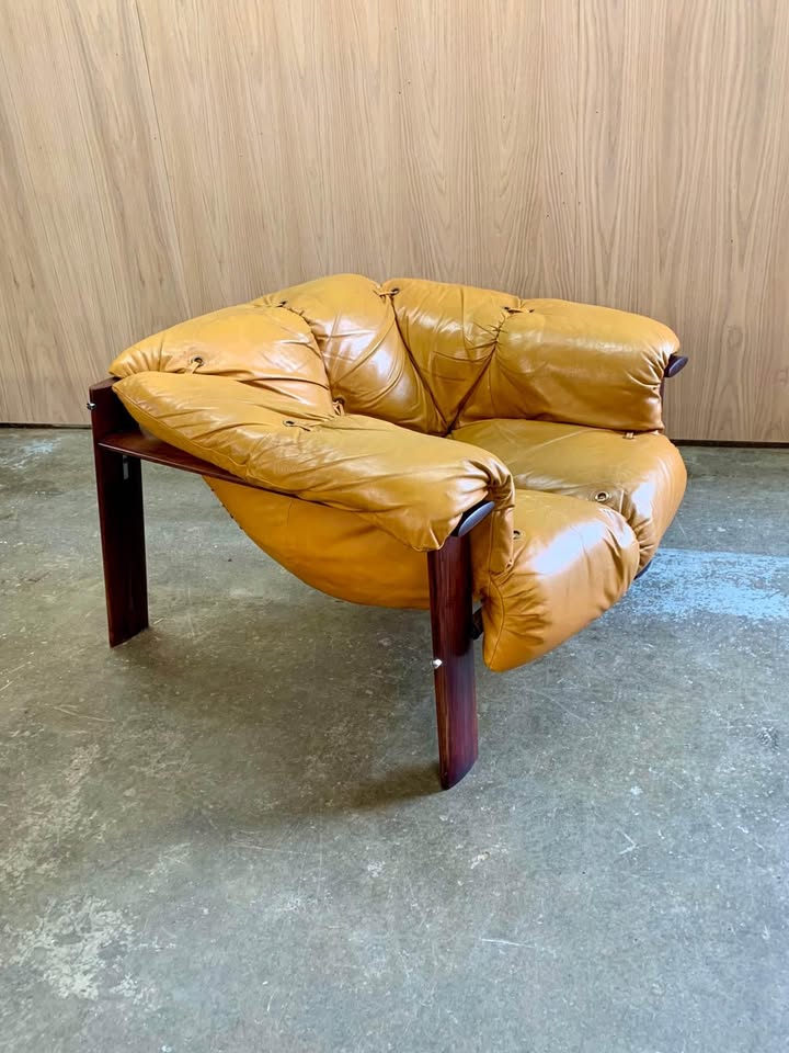 1970s Brazilian Wood and Leather MP131 Chair and Ottoman by Percival Lafer