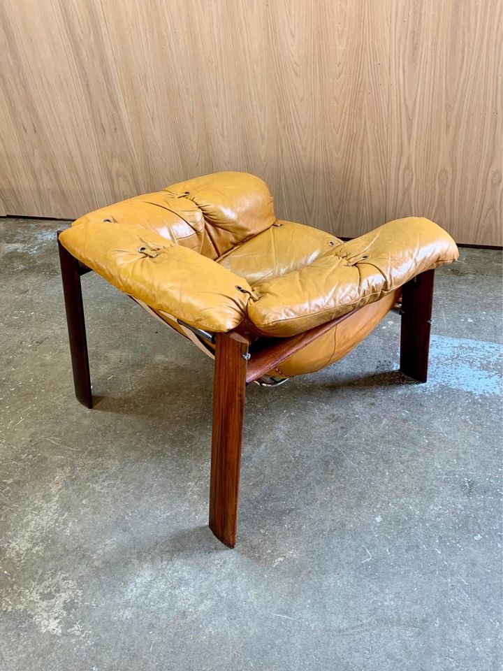 1970s Brazilian Wood and Leather MP131 Chair and Ottoman by Percival Lafer