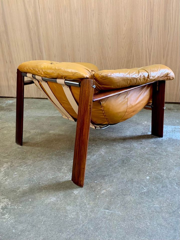 1970s Brazilian Wood and Leather MP131 Chair and Ottoman by Percival Lafer