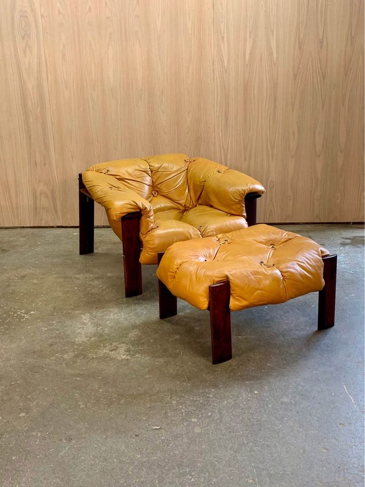 1970s Brazilian Wood and Leather MP131 Chair and Ottoman by Percival Lafer