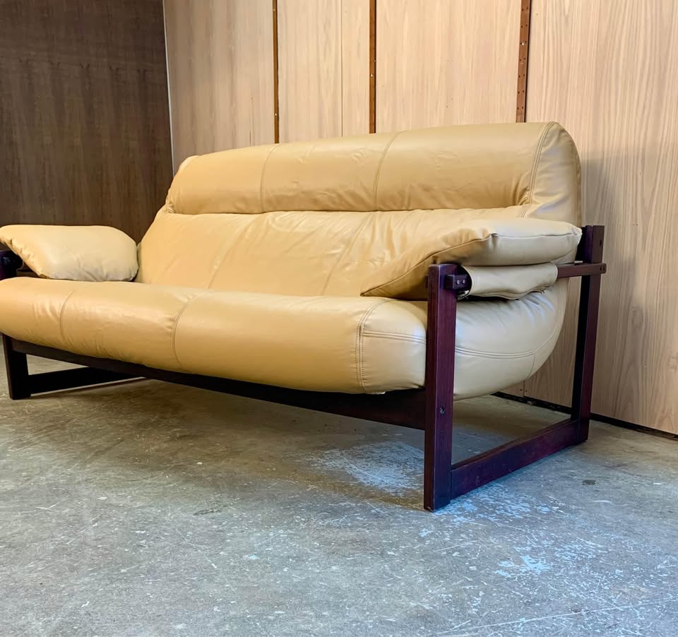1970s Brazilian Wood and Leather Sofa by Percival Lafer