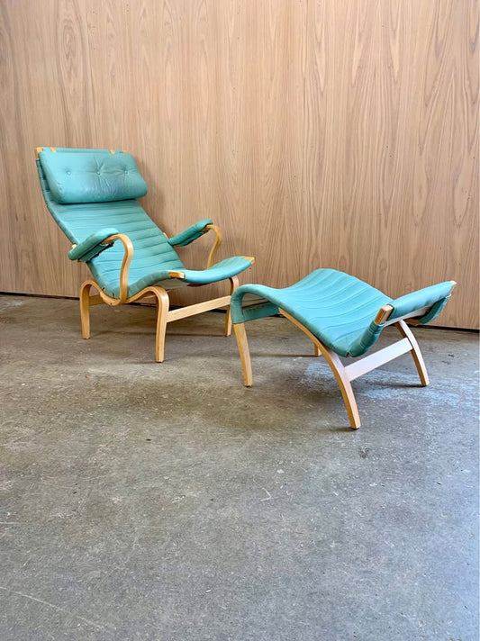 1970s Leather “Pernilla” Lounge Chair and Ottoman by Bruno Mathsson